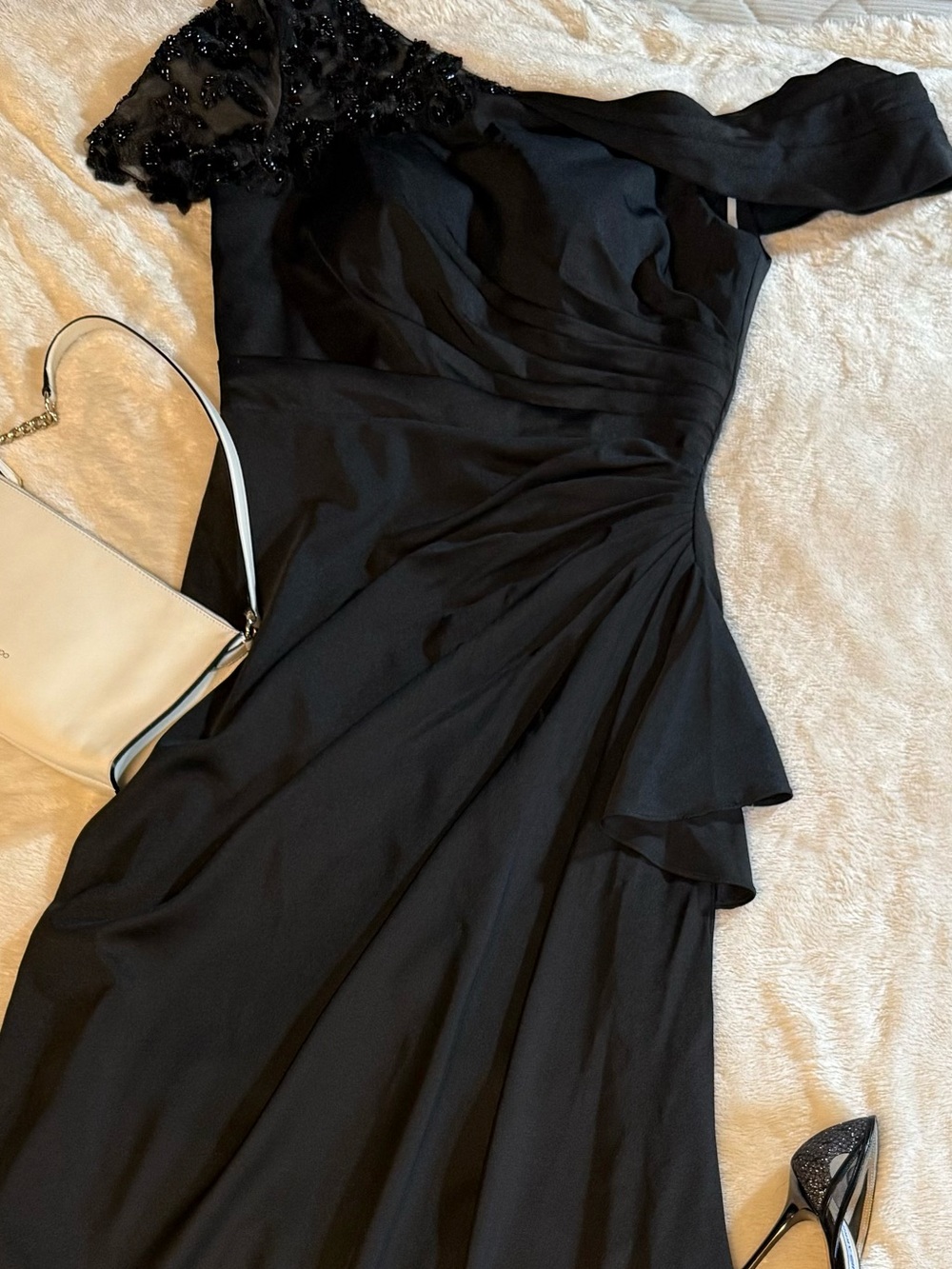Asymmetric One-Shoulder Black Evening Gown with Embroidered Shoulder - Picture 8 of 8